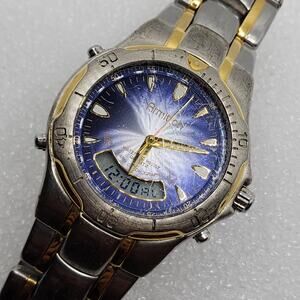 Armitron ANA DIGI Gold Silver Two Tone Alarm Blue Fume Chronograph Bezel Watch